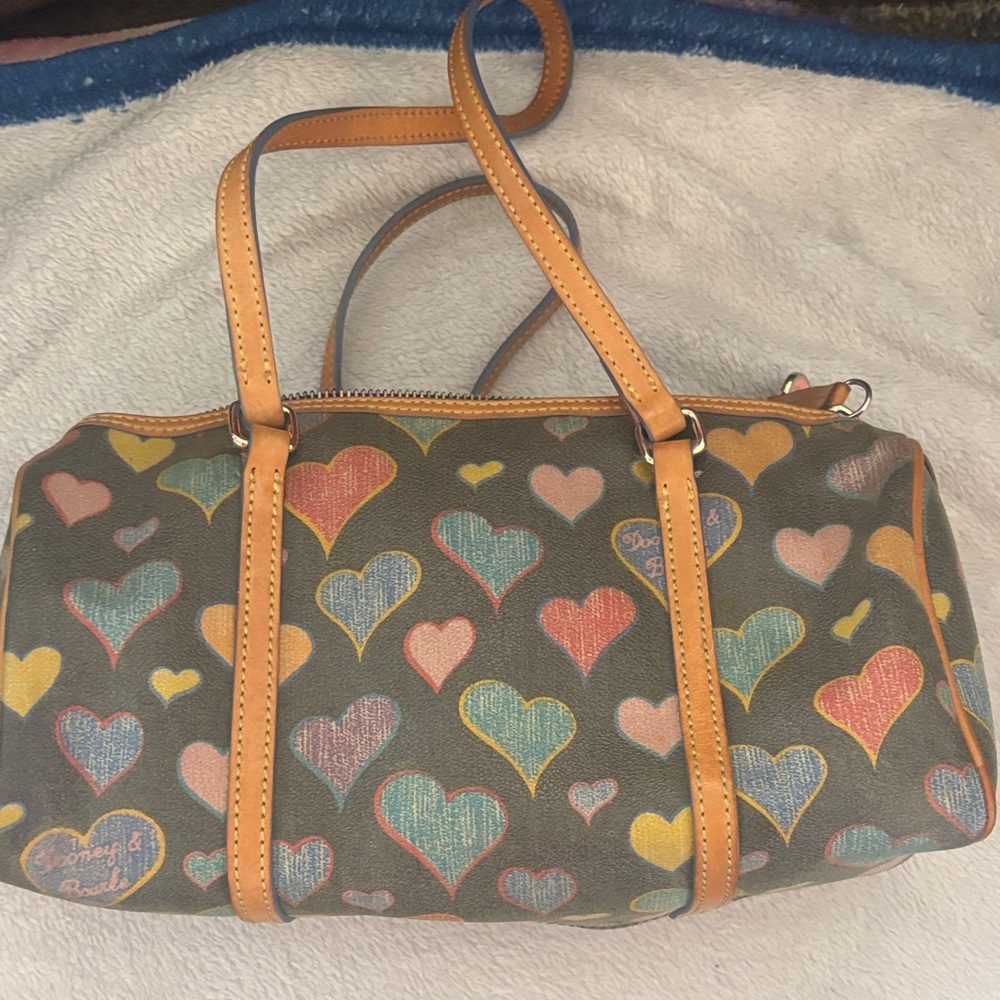 Dooney & Bourke Multicolor Heart Print Shoulder Bag with Tan Trim